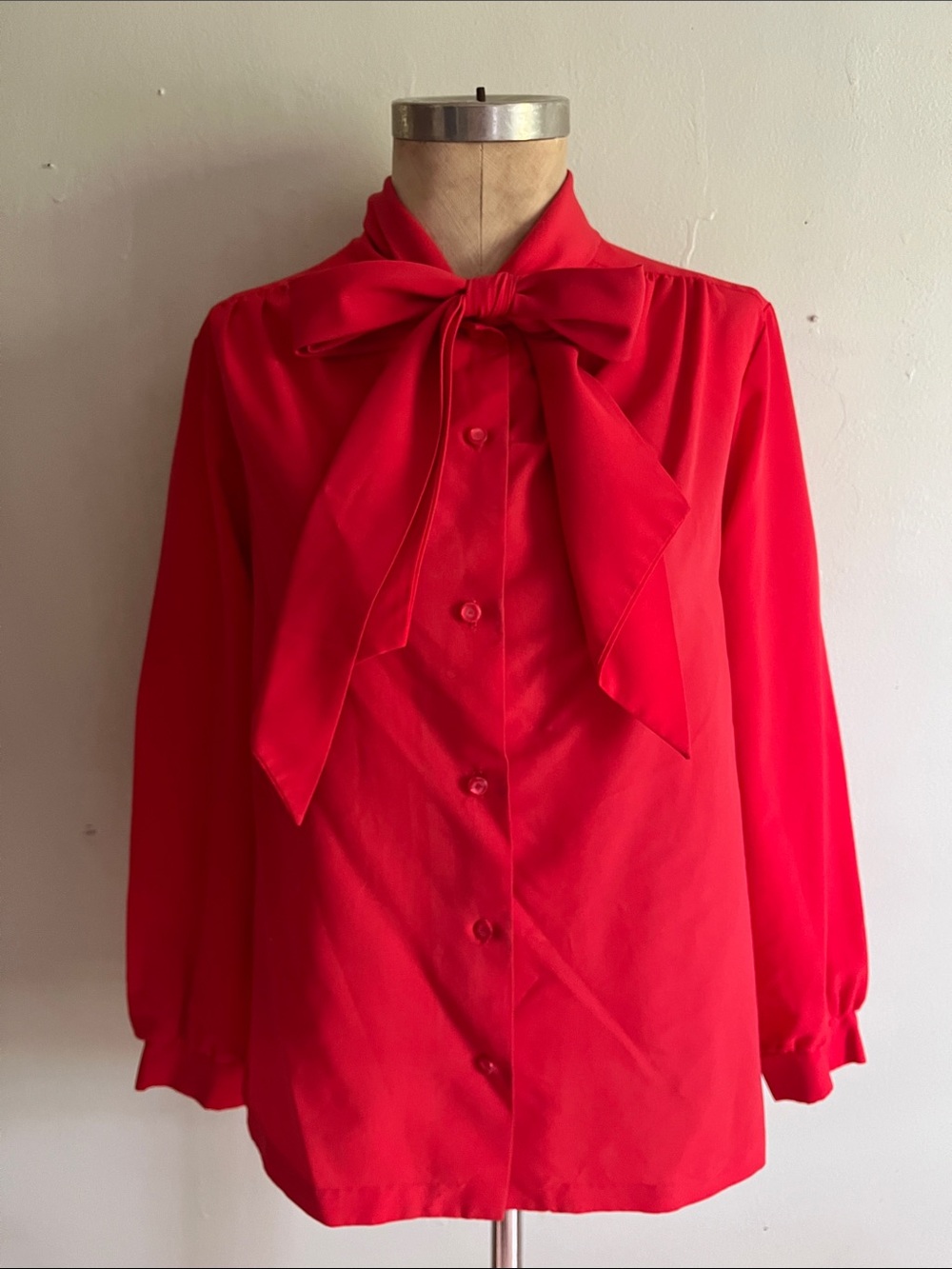 Vintage Red Bow-Tie Blouse - Women's Long Sleeve Top